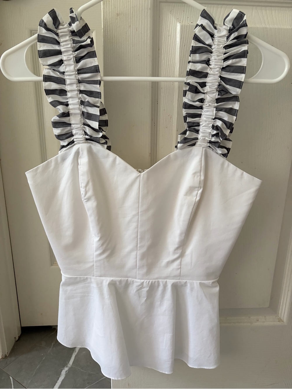 White Peplum Top with Striped Ruffled Straps
